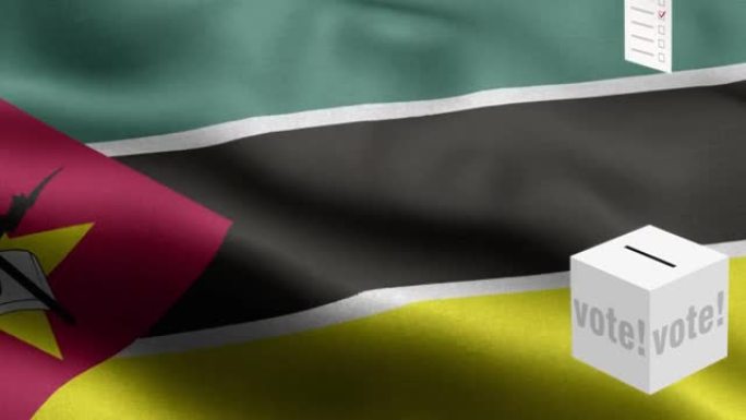 选票飞到投票箱莫桑比克选择-投票箱在国旗前-选举-投票-莫桑比克国旗-莫桑比克国旗高细节-国旗莫桑比