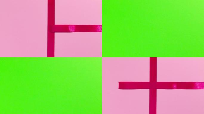 揭开圣瓦伦丁节的礼物，揭示绿色屏幕 -- 停止运动动画 -- 粉色包装纸上的粉色蝴蝶结