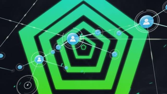 绿色六边形上的数字人物图标连接网络动画