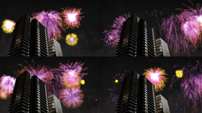 五颜六色的圣诞节和新年烟花在夜空的塔楼上爆炸的动画