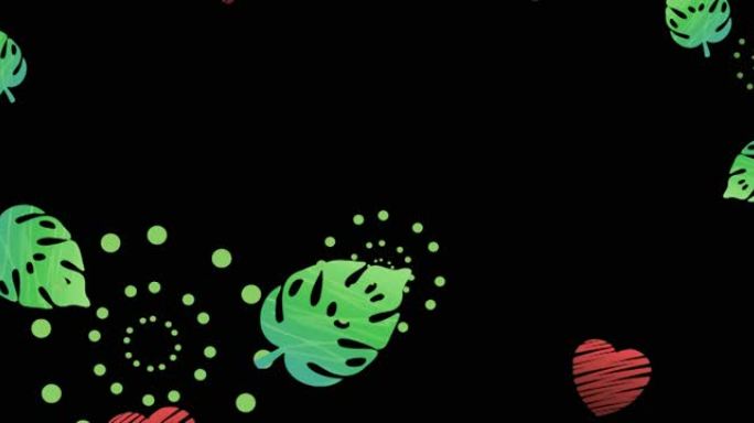 黑色背景上绿叶红心造型的绿色烟花爆炸动画