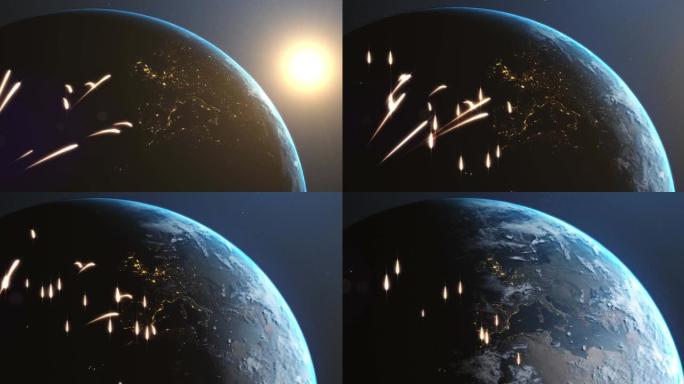 夜空旋转的地球仪上的新年烟花动画
