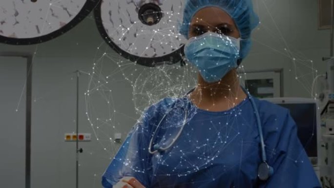 带有手术室中女性外科医生联系网络的globe动画