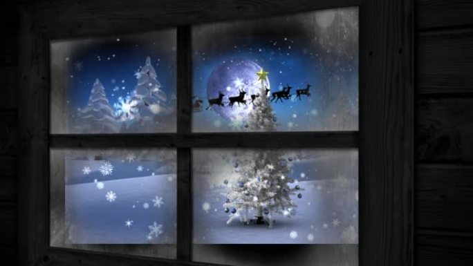 雪景圣诞老人雪上的动画与驯鹿在冬天的风景透过窗户看到