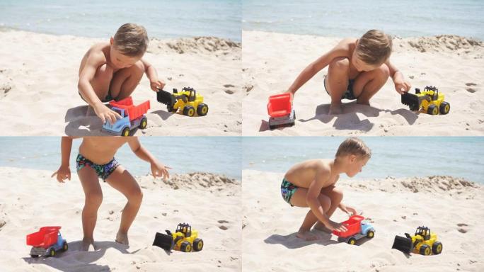 可爱的孩子，在沙滩上玩汽车的男孩，塑料玩具车，挖掘机。一个孩子和夏日的蔚蓝大海