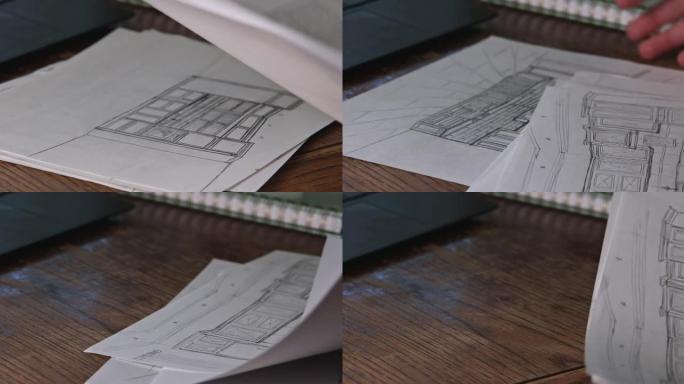 工程师在完成的现代公寓中制定新的厨房内部图纸计划