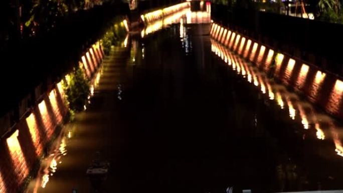 运河沿线的灯光，Khlong Ong步行街夜生活