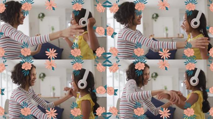 微笑的混血儿母亲与戴着耳机的女儿跳舞的粉红色花朵动画