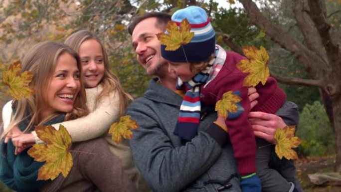 秋叶落在公园快乐的高加索家庭上的动画