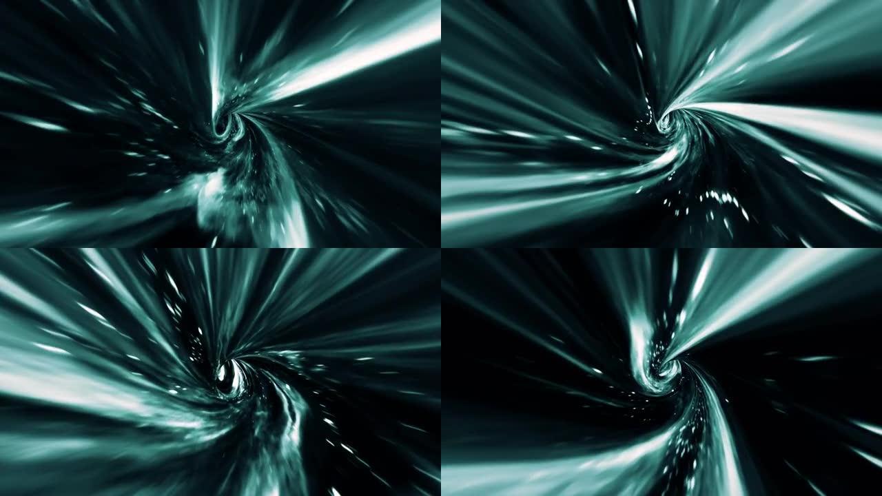 抽象浅绿色蓝色超空间经纱隧道穿越时空动画。4K 3D循环科幻星际旅行穿过超空间涡旋隧道中的虫洞。抽象