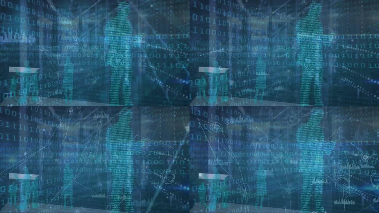 二进制编码动画，人剪影在计算机服务器上进行数据处理