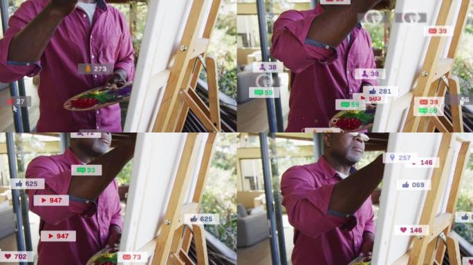 社交媒体图标的动画和非裔美国人在家绘画上的文字