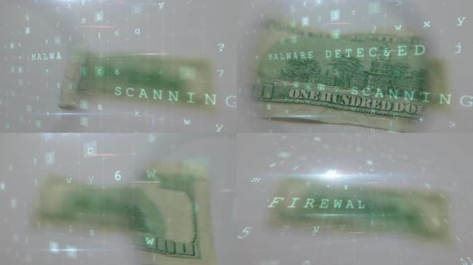 数字变化的动画和美元钞票上的病毒警报