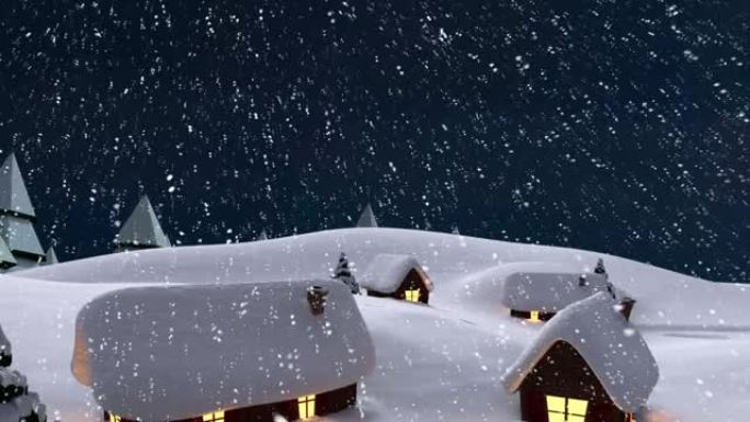 带有房屋和枞树的冬季风景飘落的积雪动画