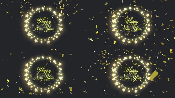 用金色五彩纸屑在发光明星圣诞灯圆圈中的新年快乐动画