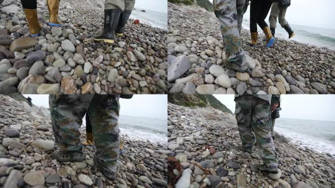 h三人考察队走在海边石子上