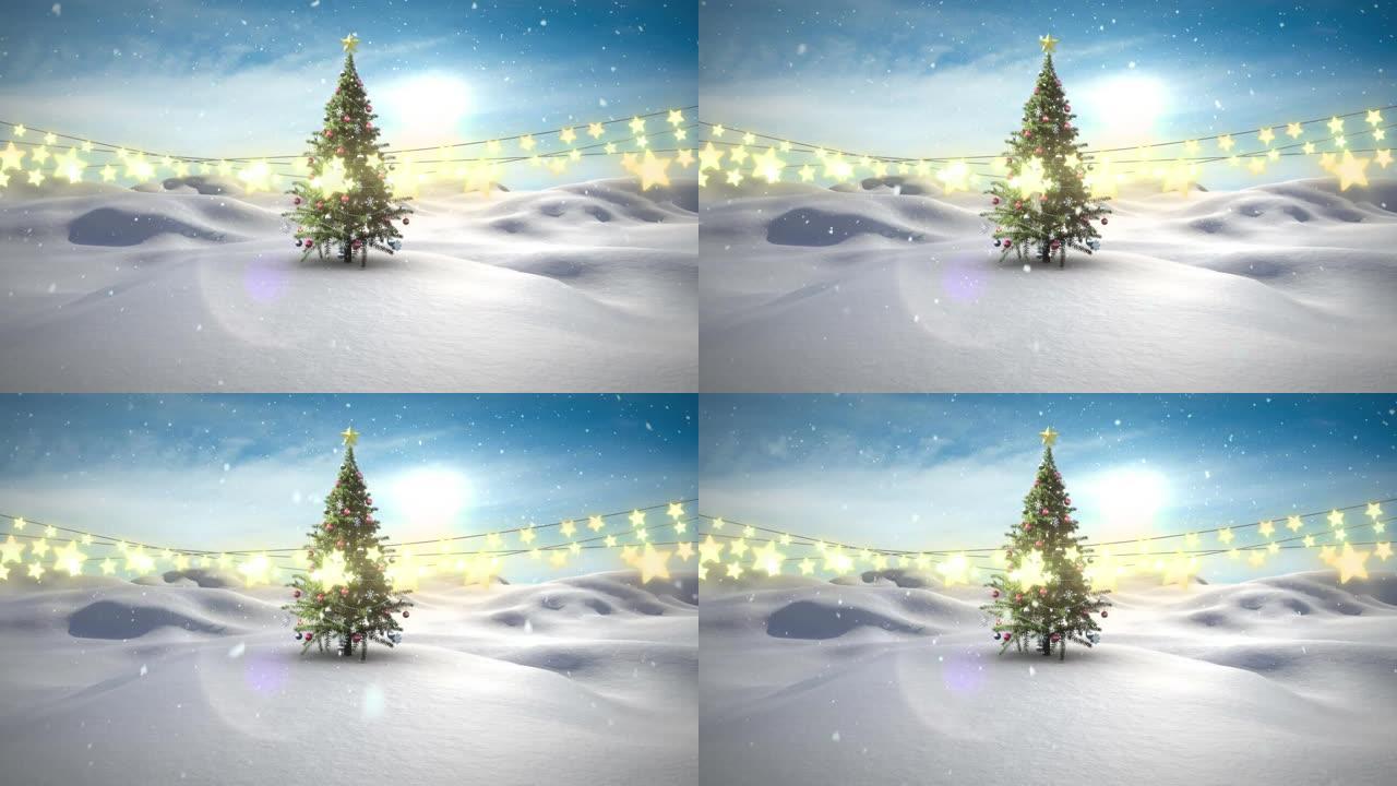 冬季景观上的圣诞树上飘落的星形仙女灯装饰