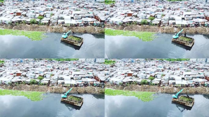 雅加达湖畔贫民窟房屋的无人机视图