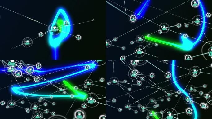蓝色和绿色灯光的黑底用户图标连接网络动画