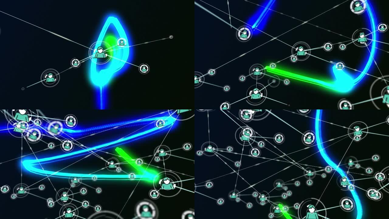 蓝色和绿色灯光的黑底用户图标连接网络动画