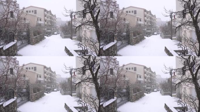 黑山布德瓦镇街道上的降雪