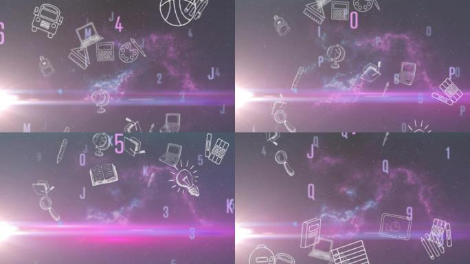 用移动的学校物品和宇宙上的粉红色灯光改变数字和字母的动画