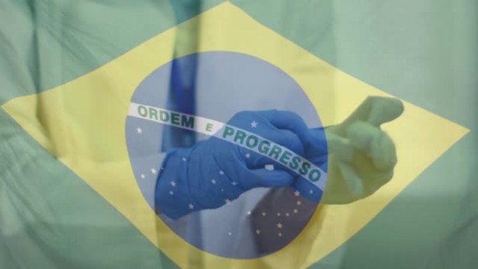 戴上手术手套的医生手上的巴西国旗动画