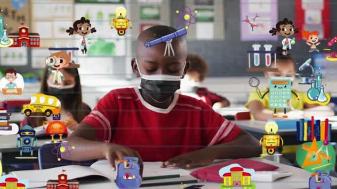 带口罩的学童身上的学校物品图标动画