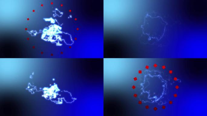 蓝色背景上发光的蓝色电流上的红色万花筒形状的动画
