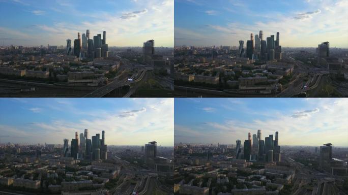 俄罗斯阳光明媚的日落莫斯科现代城市交通道路空中全景4k