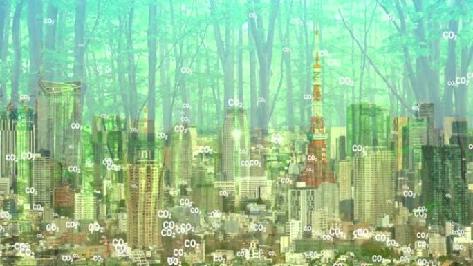 二氧化碳排放全球空气气候污染概念。城市景观、东京铁塔、森林