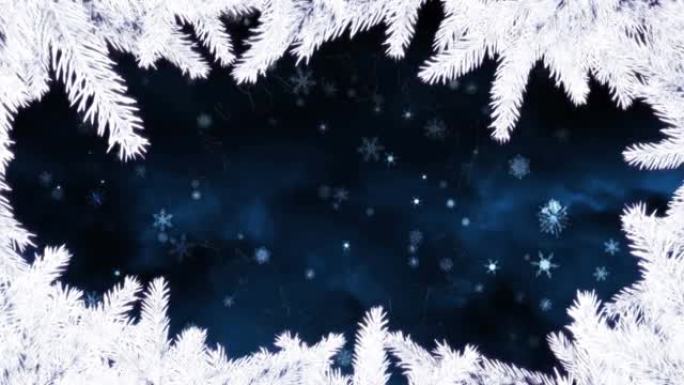 圣诞白色冷杉树框架的动画落在深蓝色背景上的雪上