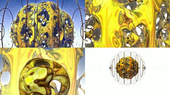 三维空心球，当接近并转向观察者时，丑陋的病毒从该空心球中分离出来，曼德尔灯泡图形动画。