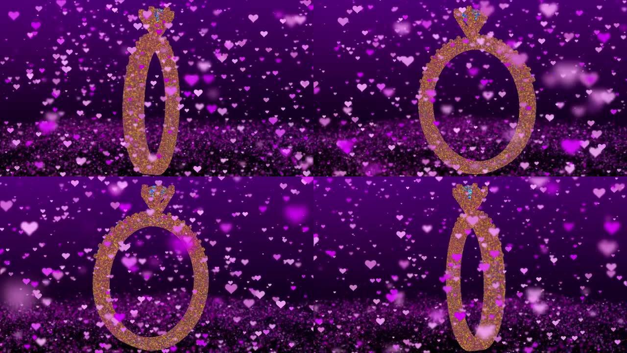 旋转金钻戒从颗粒无缝环4k与Bokeh紫色心形颗粒。参与和提案方动画