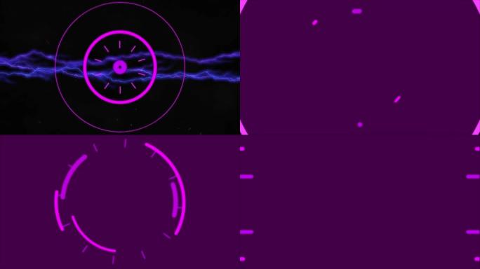 黑色上的粉红色扫描仪处理发光的紫色电流的动画