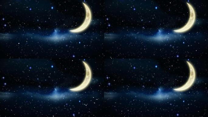 雪落在新月和蓝色背景上的星星上的动画