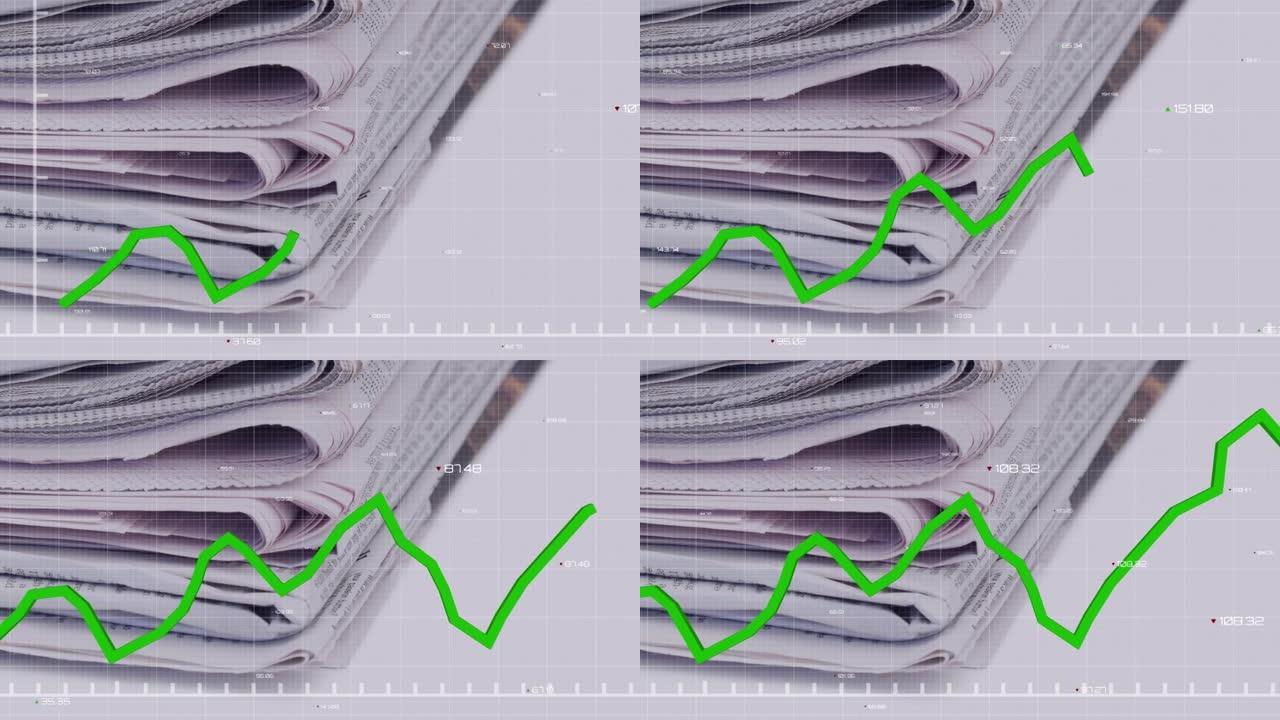 报纸和网格上绿线的统计和金融数据处理动画
