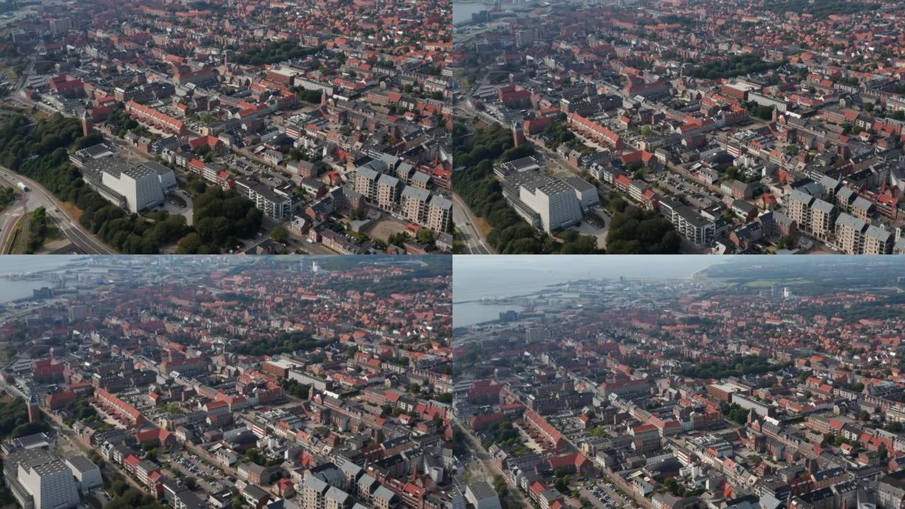 令人惊叹的无人机俯瞰丹麦埃斯比约格市。由于拥有港口，埃斯比约格成为斯堪的纳维亚半岛最重要的城市之一