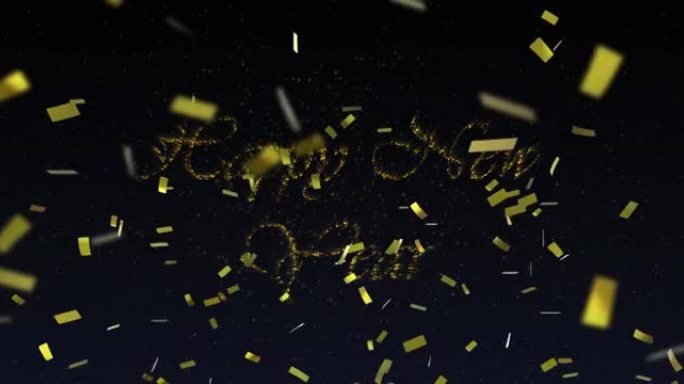 金色新年快乐文字动画，带有新年烟花和夜空中的金色五彩纸屑