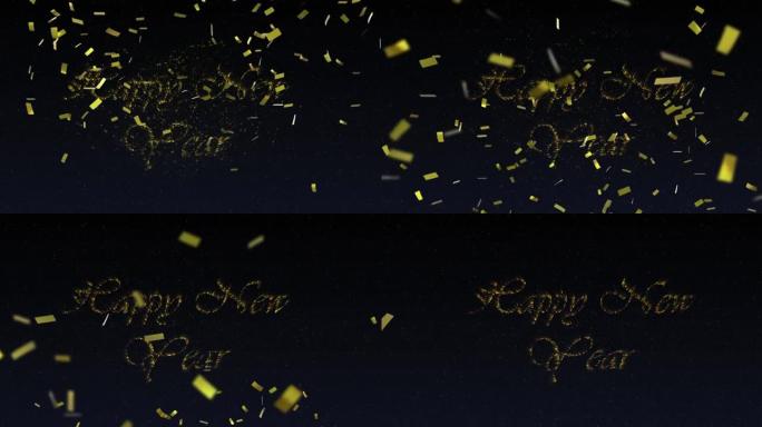 金色新年快乐文字动画，带有新年烟花和夜空中的金色五彩纸屑