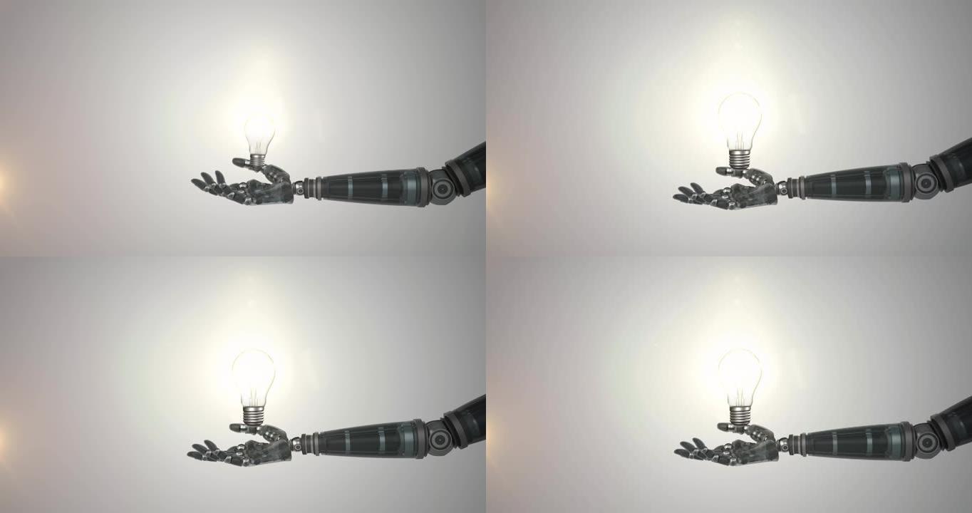 灰色背景上加长机器人手臂上的照明灯泡动画