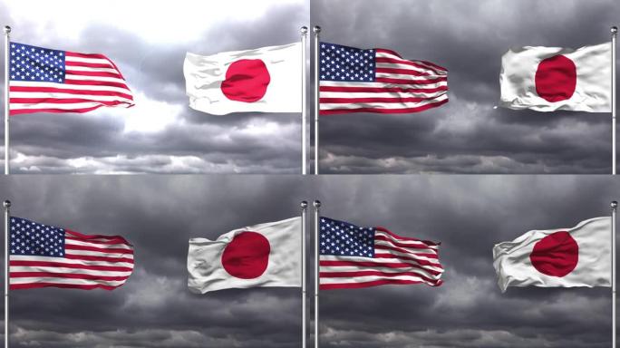美国和日本国旗互相挥舞|循环。