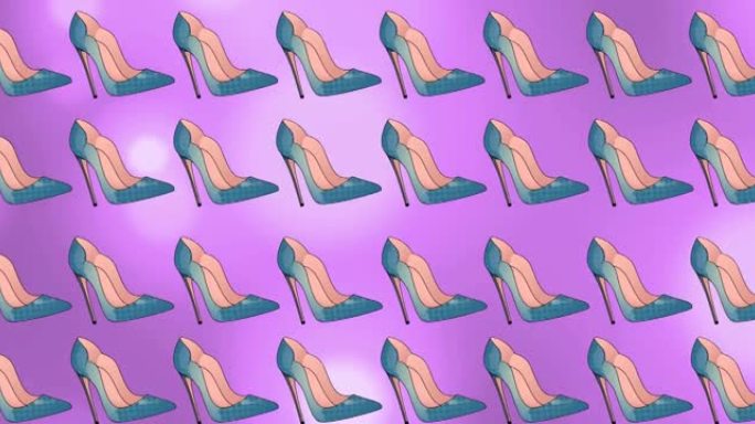 蓝色高跟鞋在紫色背景上重复和移动的动画