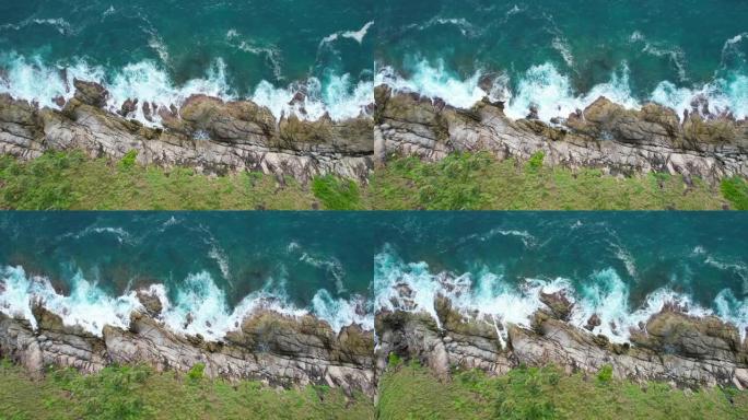 空中无人机俯视，俯视图拍摄海岸线和海洋，复制空间，泰国普吉岛