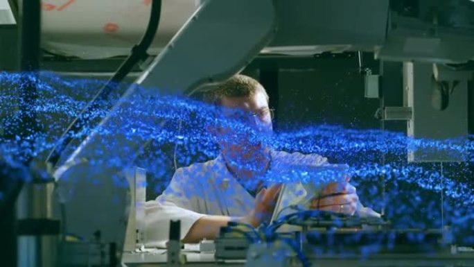 带有机器人和平板电脑的男性科学家的蓝色发光网格动画