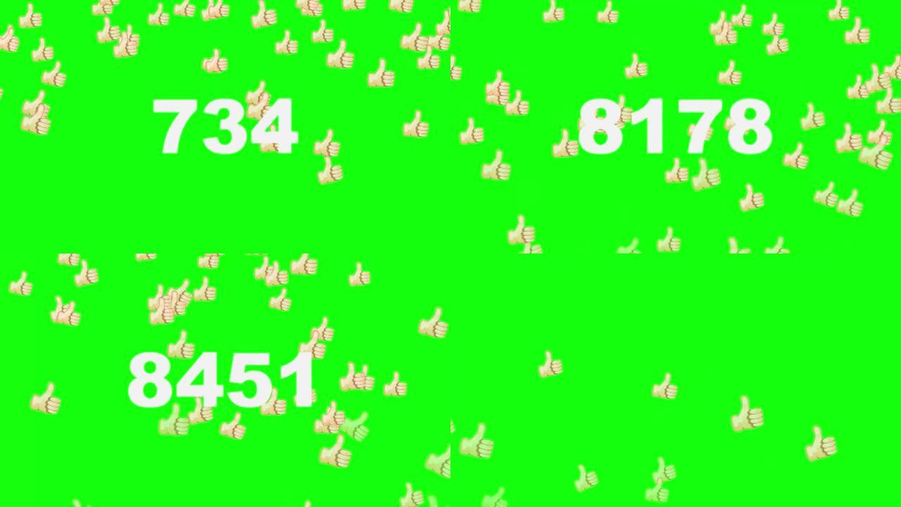 表情符号竖起大拇指。下降拇指向上或ok表情符号动画，数字覆盖隔离在绿色屏幕上，透明背景