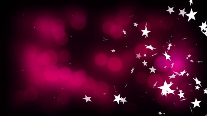 多个星星和雪花图标漂浮在黑色背景上的粉红色散景斑点上