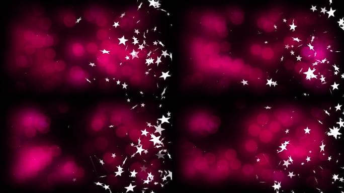 多个星星和雪花图标漂浮在黑色背景上的粉红色散景斑点上
