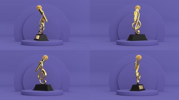 4k分辨率视频: 金色音乐高音谱号，带麦克风奖奖杯旋转紫色非常Peri圆柱体产品舞台基座紫色非常Pe