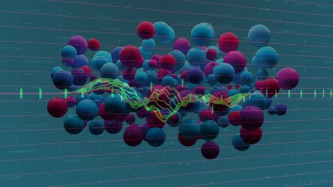 深绿色背景上的蓝色和粉红色小玩意在图形上的动画
